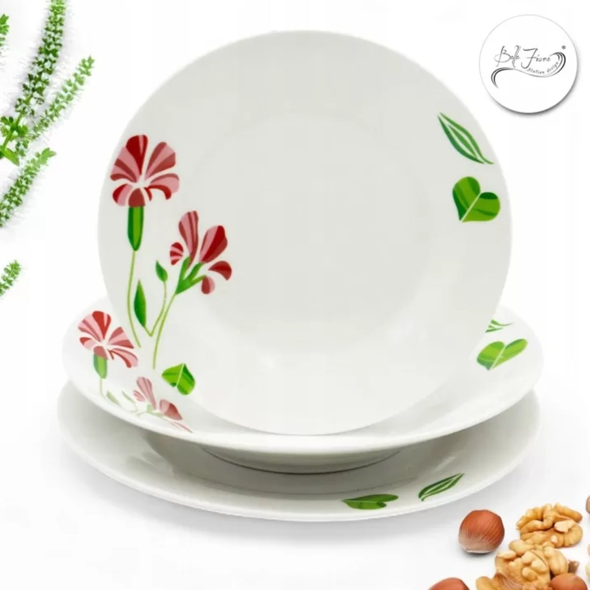 Serwis obiadowy 18 elementów Bella Fiore zestaw talerzy dla 6 osób talerze w kompozycji kwiatowej