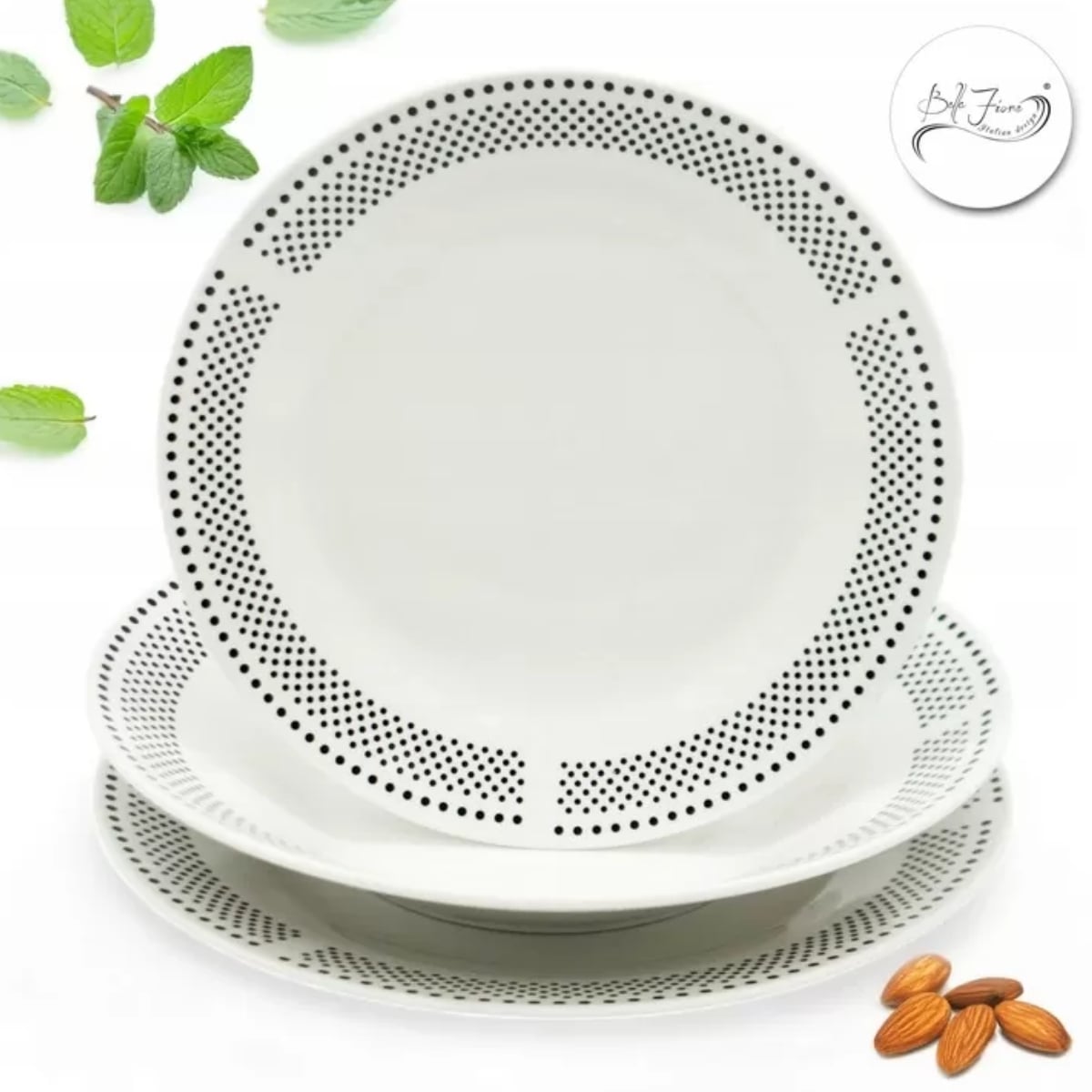Serwis obiadowy 18 elementów Bella Fiore zestaw talerzy dla 6 osób talerze w czarne kropki