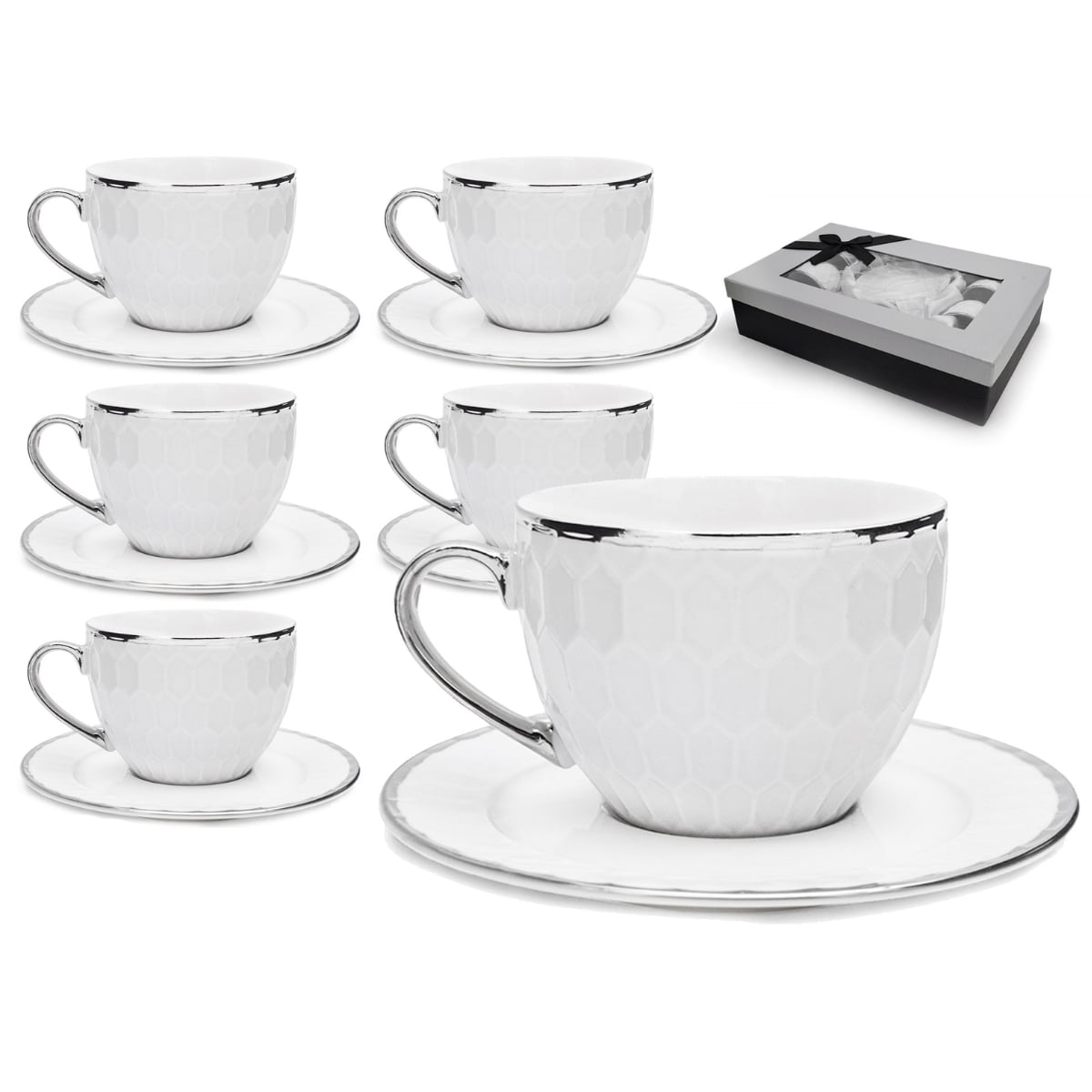 Filiżanki 280 ml ze spodkami do kawy herbaty na 6 osób serwis kawowy z srebrnym akcentem Tragar