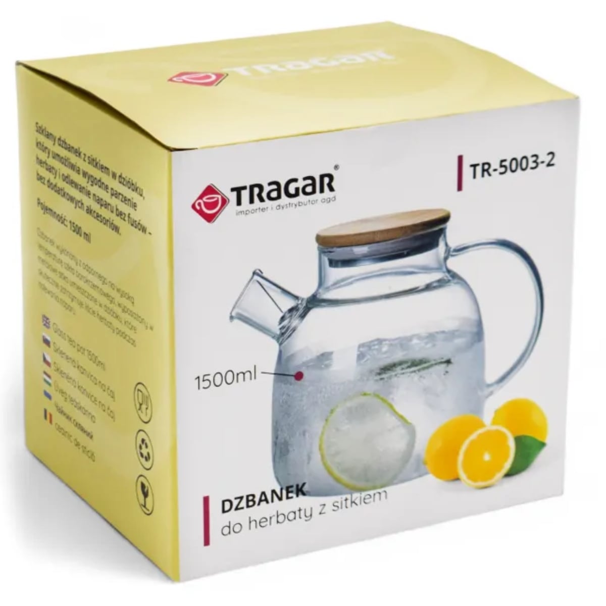 Szklany dzbanek do herbaty i naparów ziołowych z sitkiem i pokrywką 1,5 l Tragar