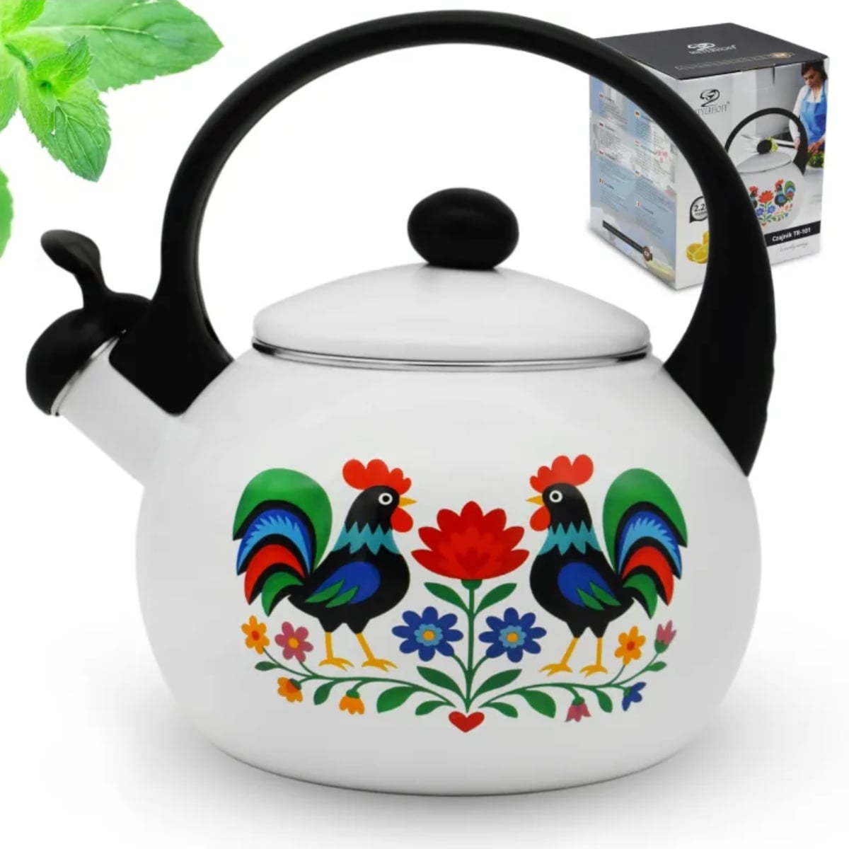 Czajnik tradycyjny z gwizdkiem emaliowany 2.2 L biały folk Tragar