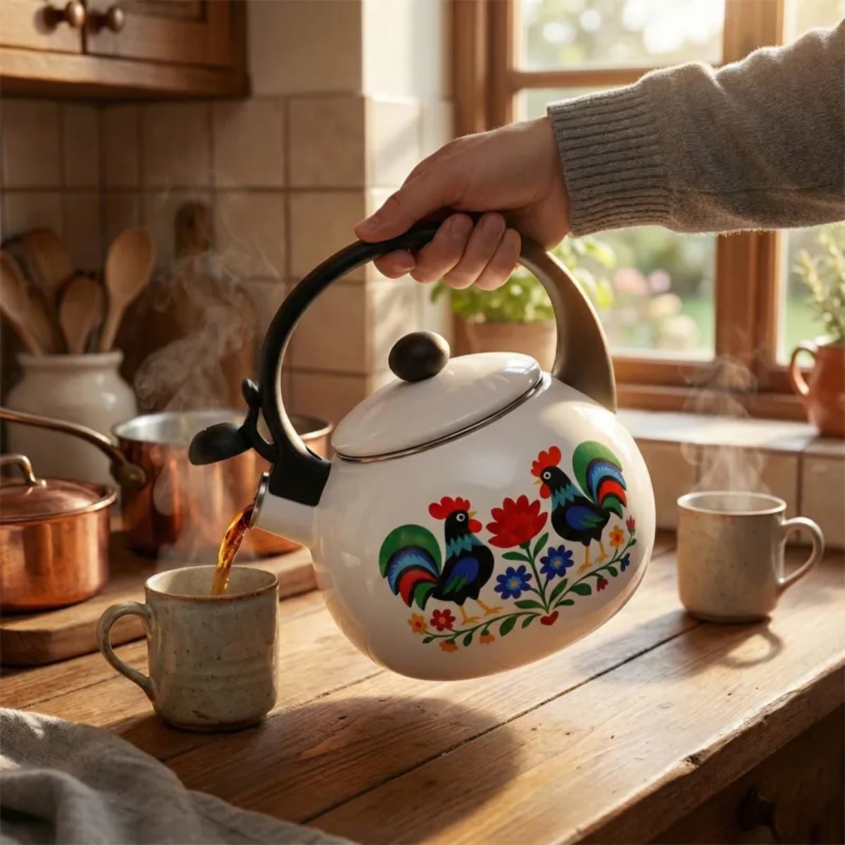 Czajnik tradycyjny z gwizdkiem emaliowany 2.2 L biały folk Tragar