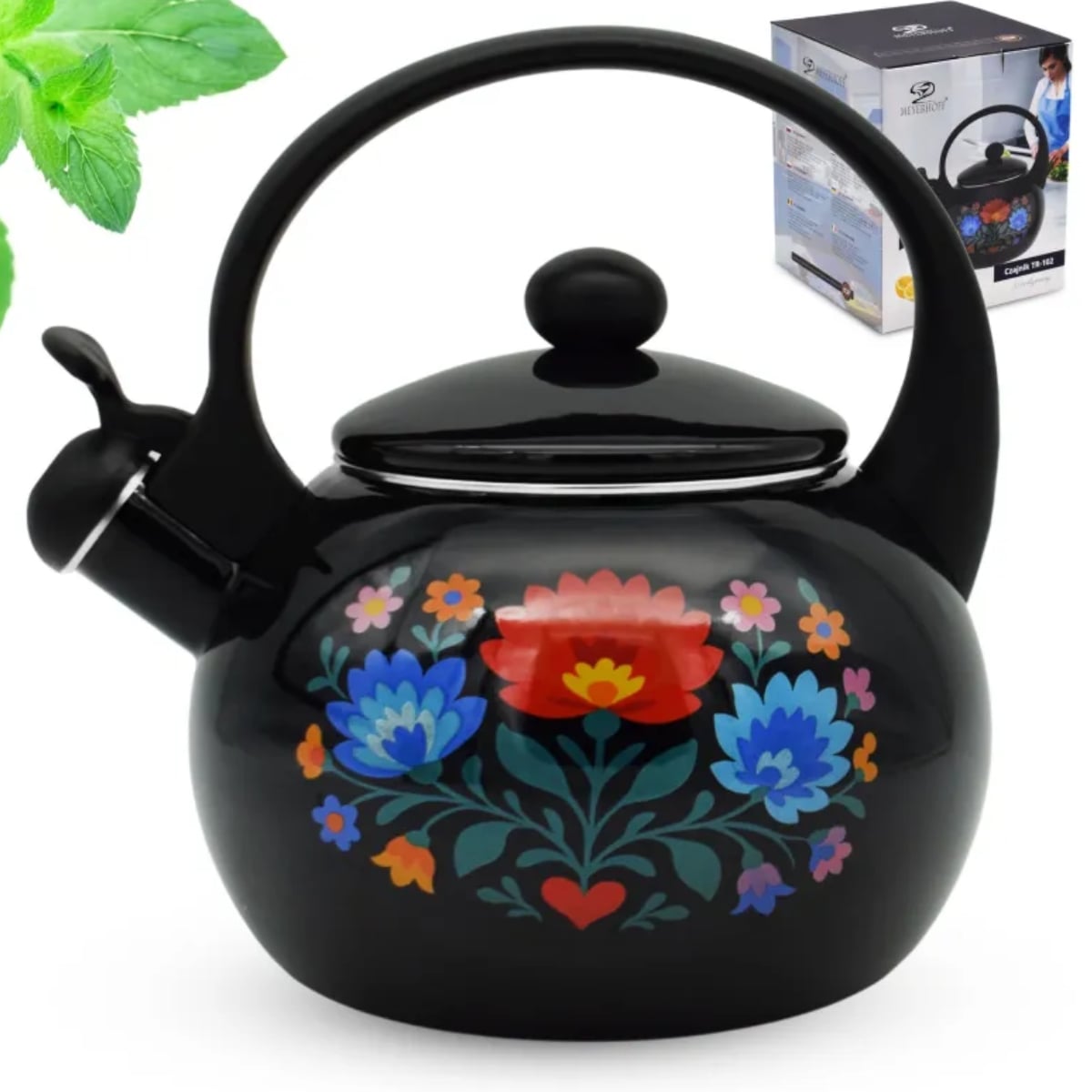 Czajnik tradycyjny z gwizdkiem emaliowany 2.2 L czarny w kwiatki Tragar