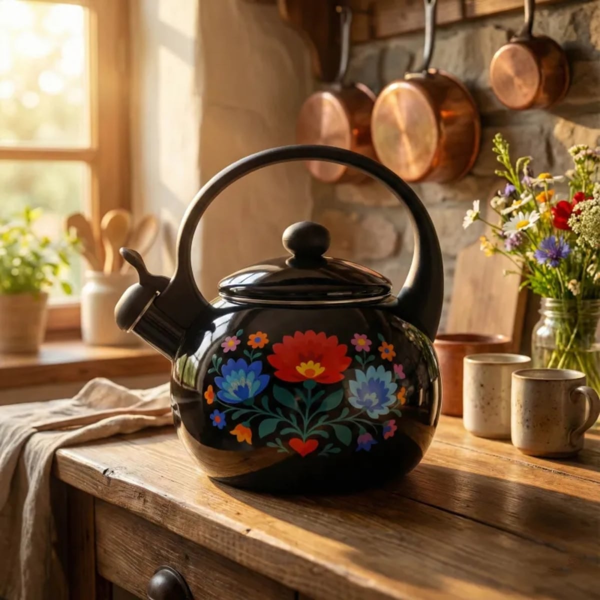 Czajnik tradycyjny z gwizdkiem emaliowany 2.2 L czarny w kwiatki Tragar