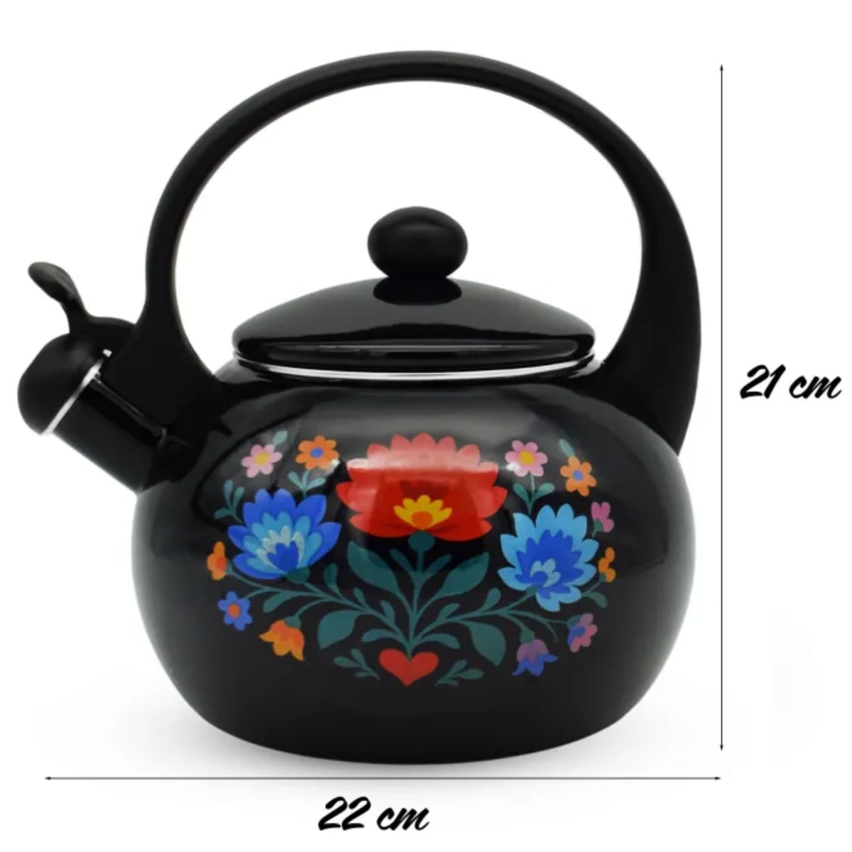 Czajnik tradycyjny z gwizdkiem emaliowany 2.2 L czarny w kwiatki Tragar