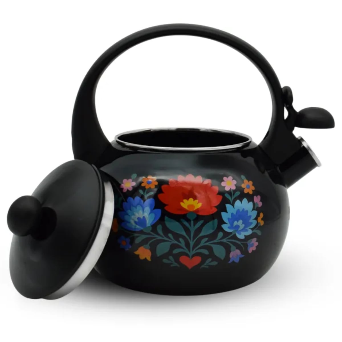 Czajnik tradycyjny z gwizdkiem emaliowany 2.2 L czarny w kwiatki Tragar