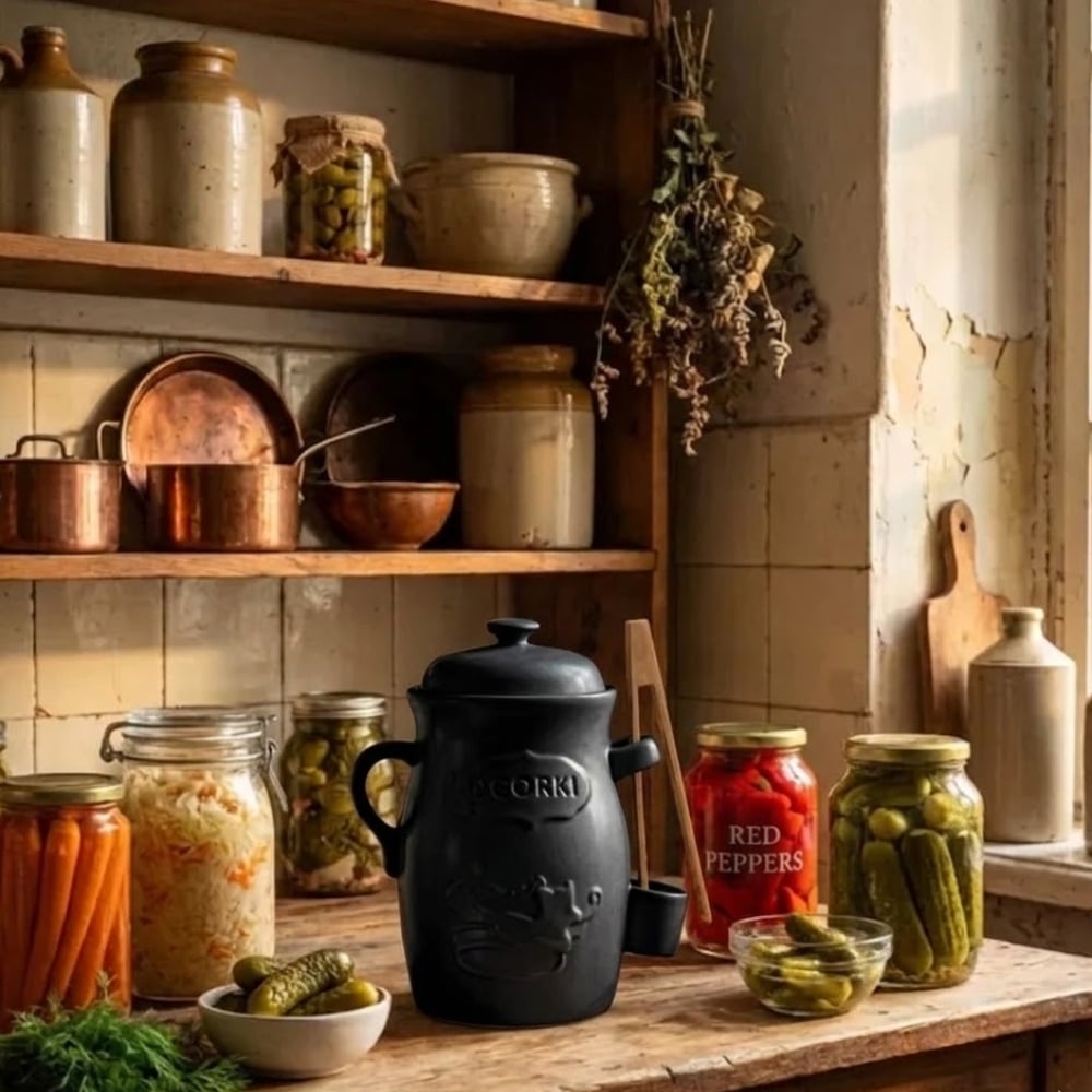 Beczka kamionkowa do kiszenia 3.5L czarny pojemnik na ogórki kiszonki ze szczypcami Tragar