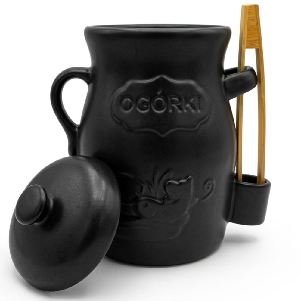 Beczka kamionkowa do kiszenia 3.5L czarny pojemnik na ogórki kiszonki ze szczypcami Tragar