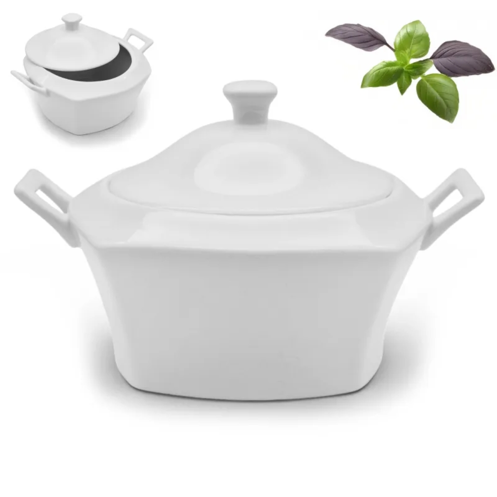 Waza porcelanowa z pokrywką biała do zup 2.7 L kwadratowa TRAGAR
