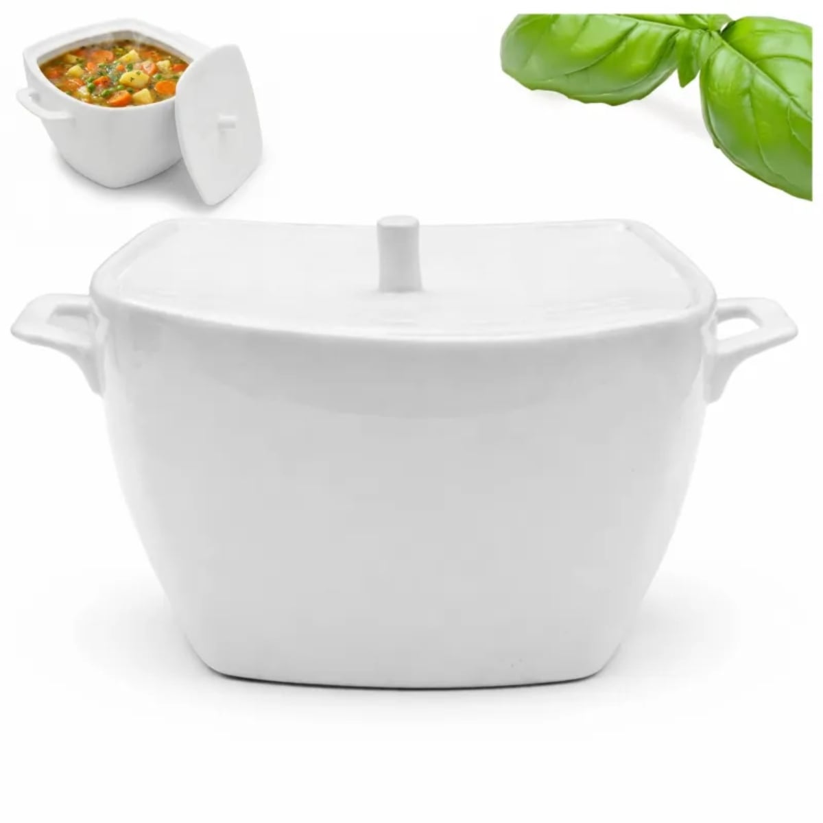 Waza porcelanowa z pokrywką biała do zup 2.7 L kwadratowa TRAGAR