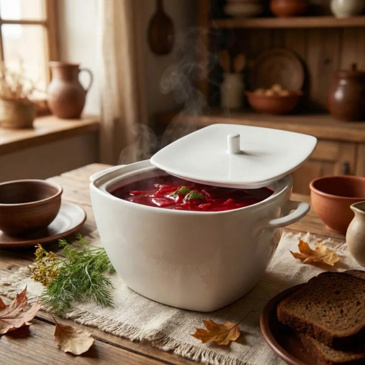 Waza porcelanowa z pokrywką biała do zup 2.7 L kwadratowa TRAGAR