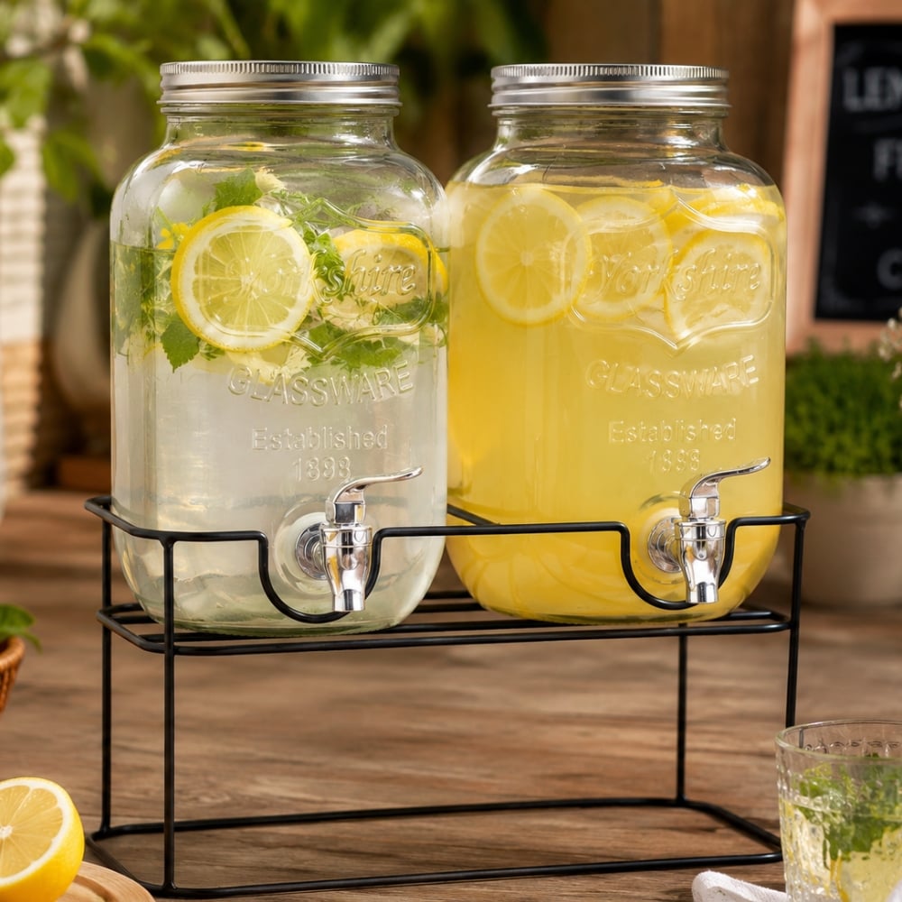 Słoje szklane z kranikiem 2x 4L z czarnym stojakiem do lemoniady napojów herbaty Tragar