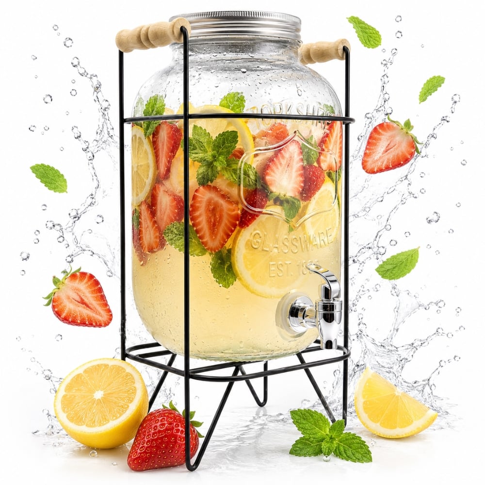 Słój szklany z kranikiem 3,3 L z czarnym stojakiem do lemoniady napojów wody Tragar