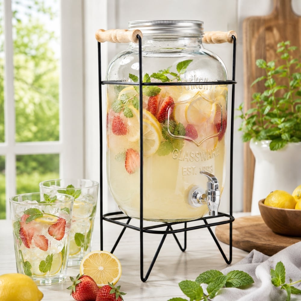 Słój szklany z kranikiem 3,3 L z czarnym stojakiem do lemoniady napojów wody Tragar