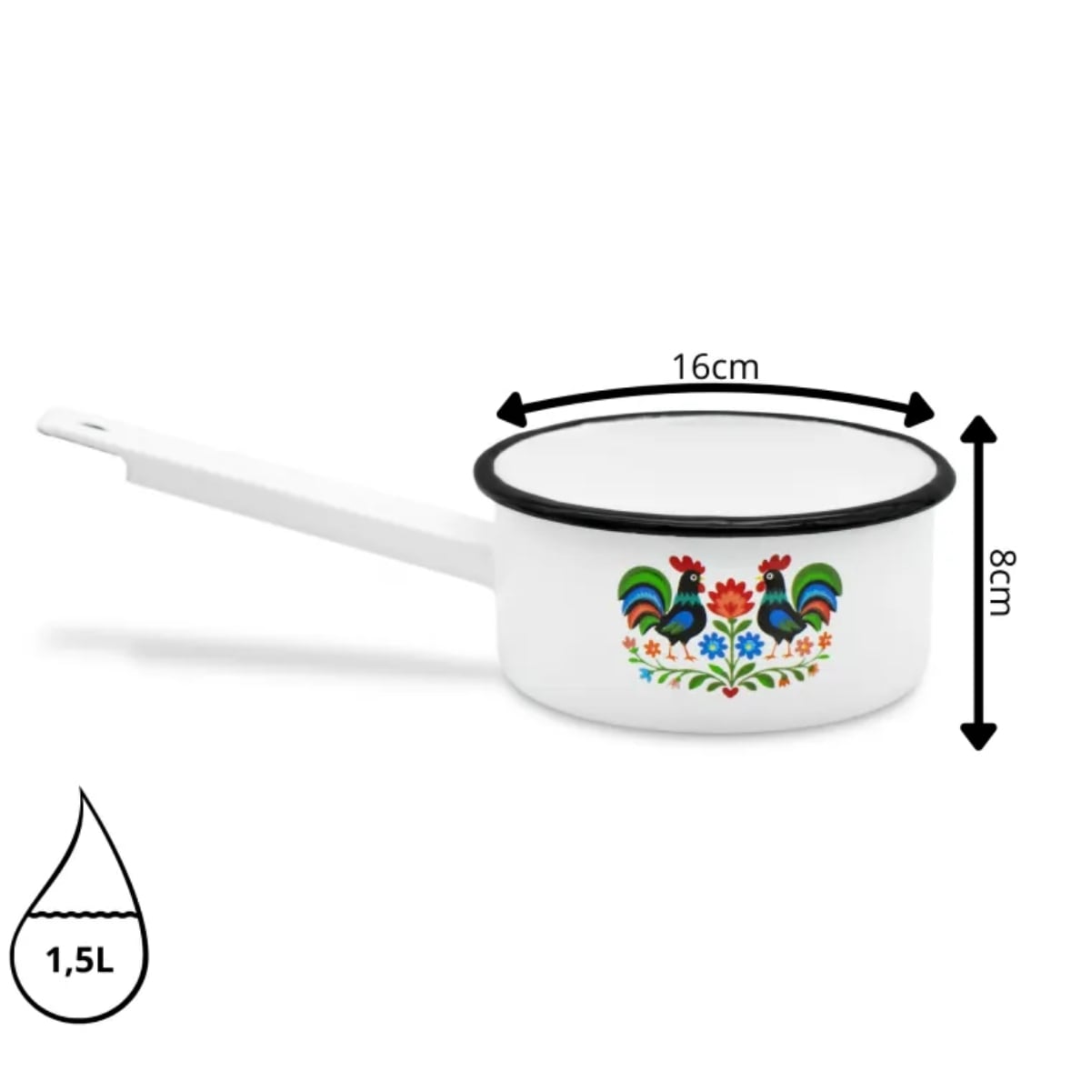 Rondel tradycyjny emaliowany 16 cm z uchwytem stalowy biały Folk 1,5 l Tragar