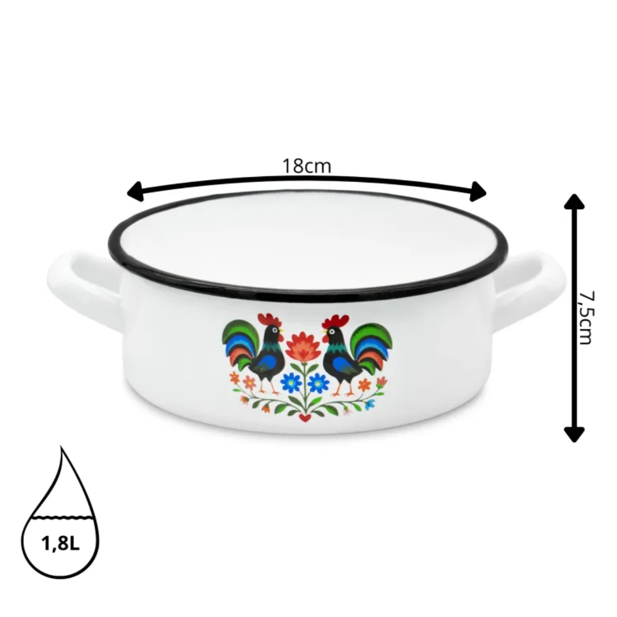 Rondel tradycyjny emaliowany 18 cm z uchwytami stalowy biały Folk 1,8 l Tragar