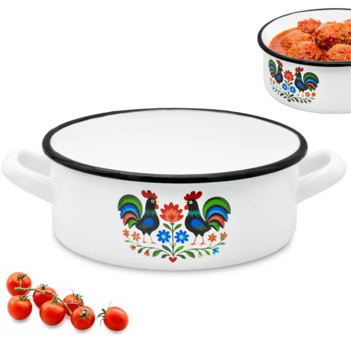 Rondel tradycyjny emaliowany 20 cm z uchwytami stalowy biały Folk 2,5 l Tragar