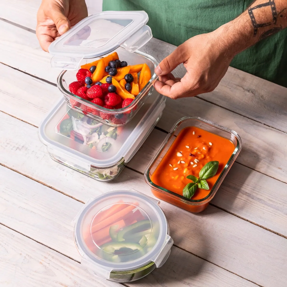 Szklany pojemnik 650 ml na żywność jedzenie Altom Design Fresh pudełko z pokrywką lunchbox prostokątny hermetyczny