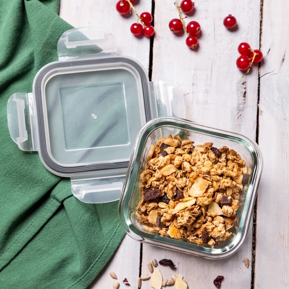 Szklany pojemnik 450 ml na żywność jedzenie Altom Design Fresh pudełko z pokrywką lunchbox kwadratowy hermetyczny