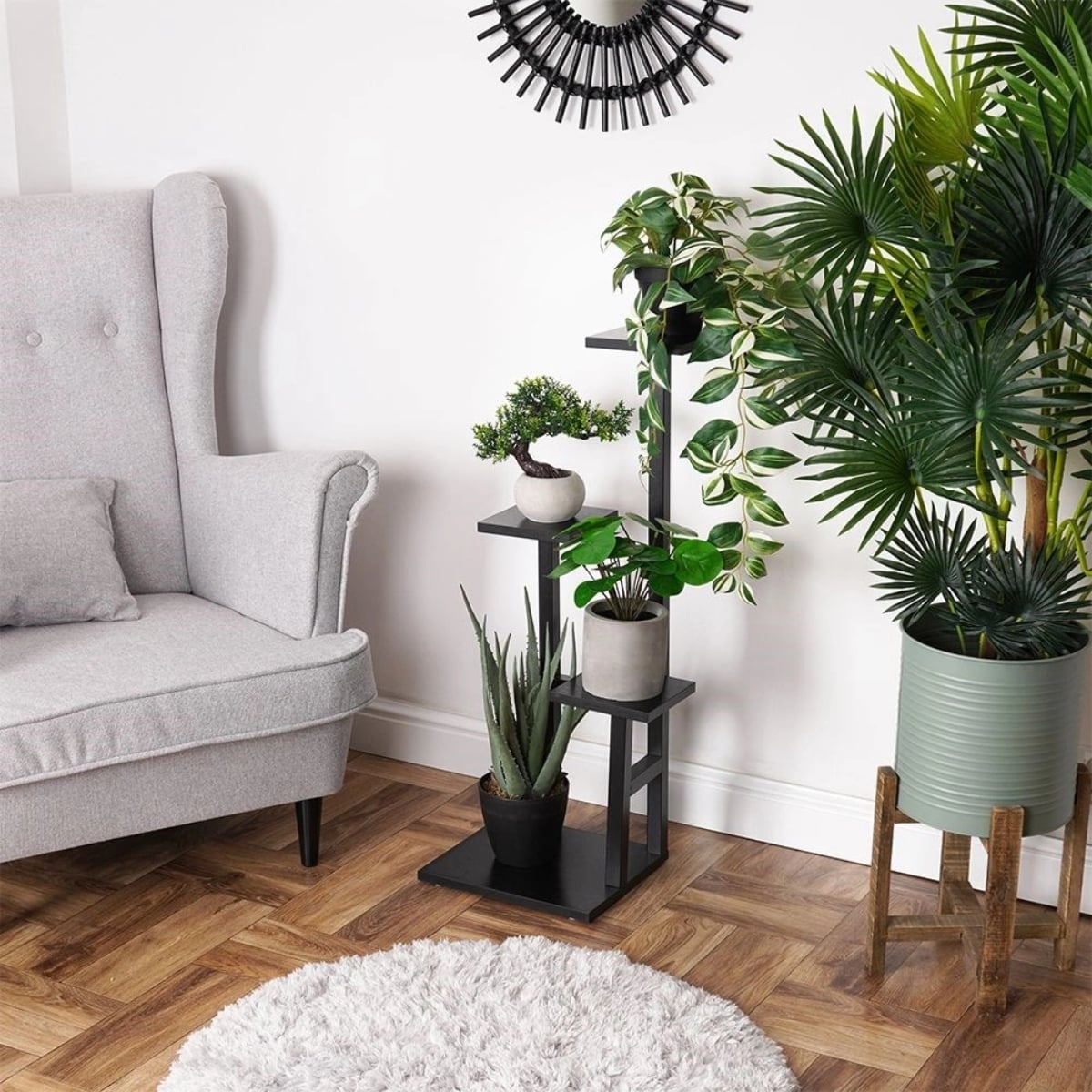 Kwietnik metalowy 84 cm czarny 4-poziomowy stojak na kwiaty i dekoracje Vilde