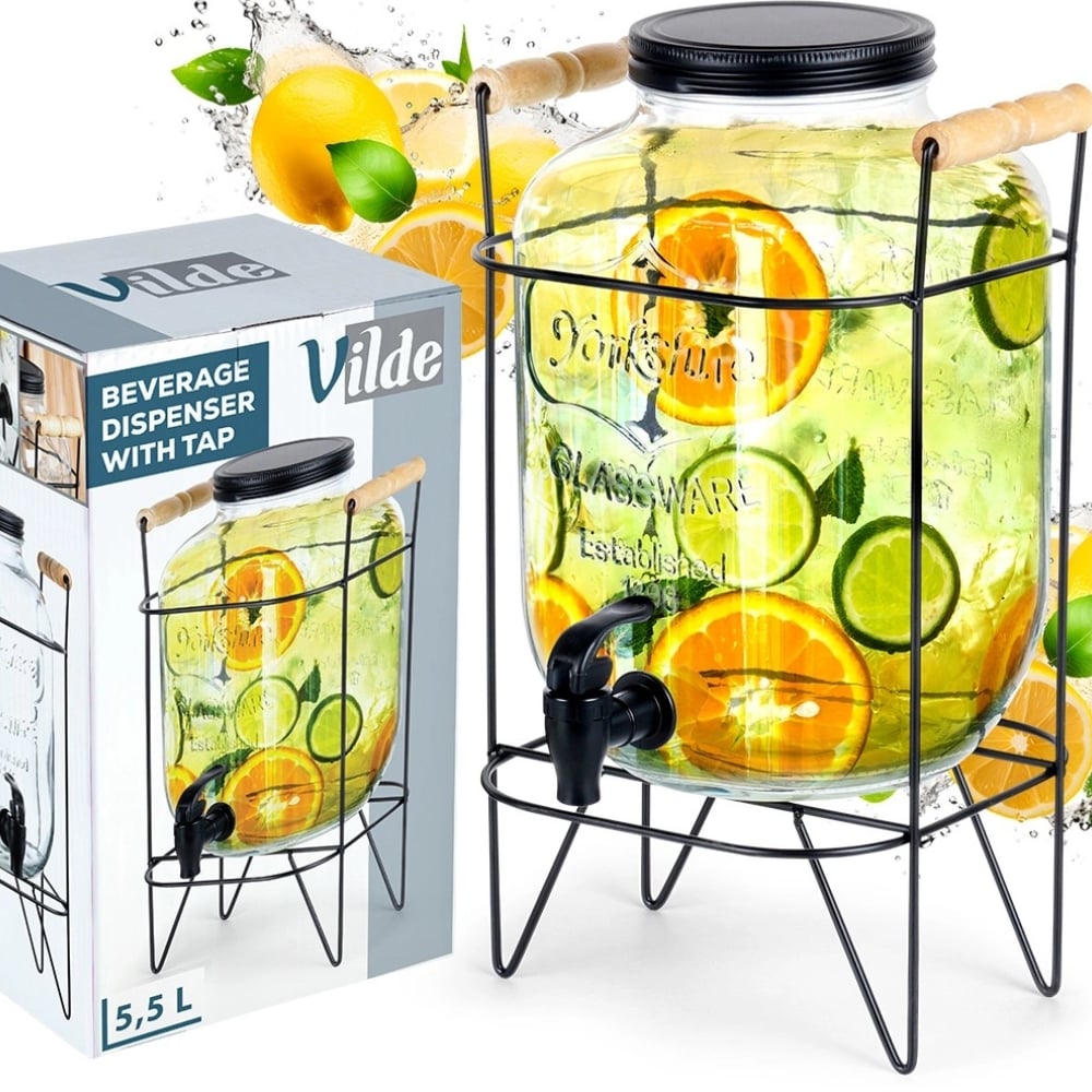 Słój szklany z kranikiem 5.5 L z czarnym stojakiem do lemoniady napojów wody Vilde