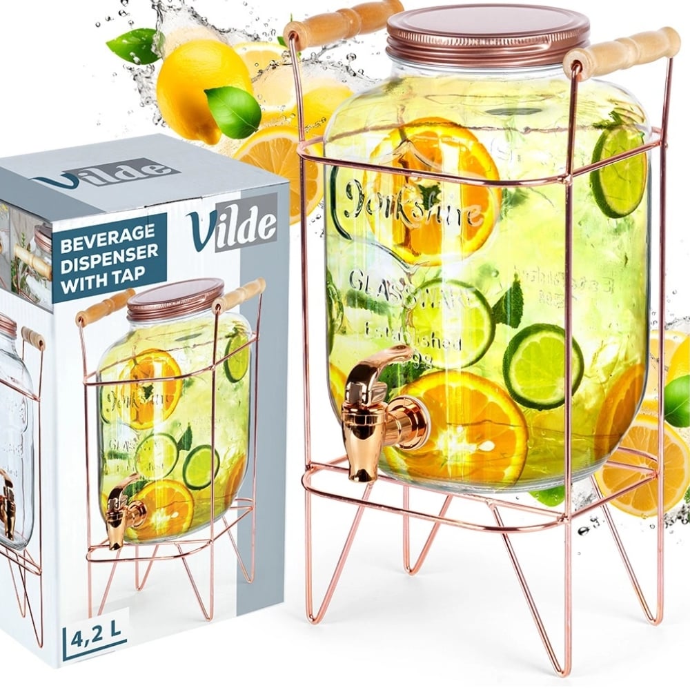 Słój szklany z kranikiem 4.2 L z złotym stojakiem do lemoniady napojów wody Vilde