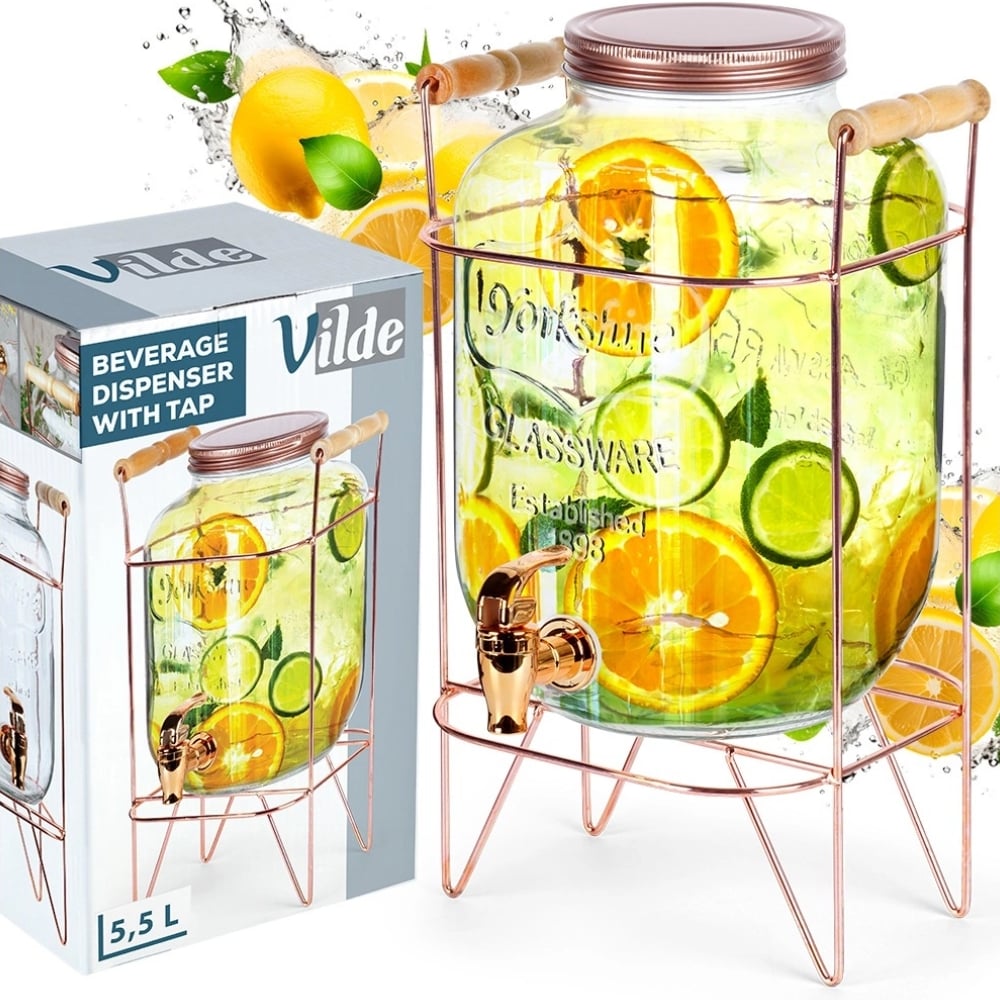 Słój szklany z kranikiem 5.5 L z złotym stojakiem do lemoniady napojów wody Vilde