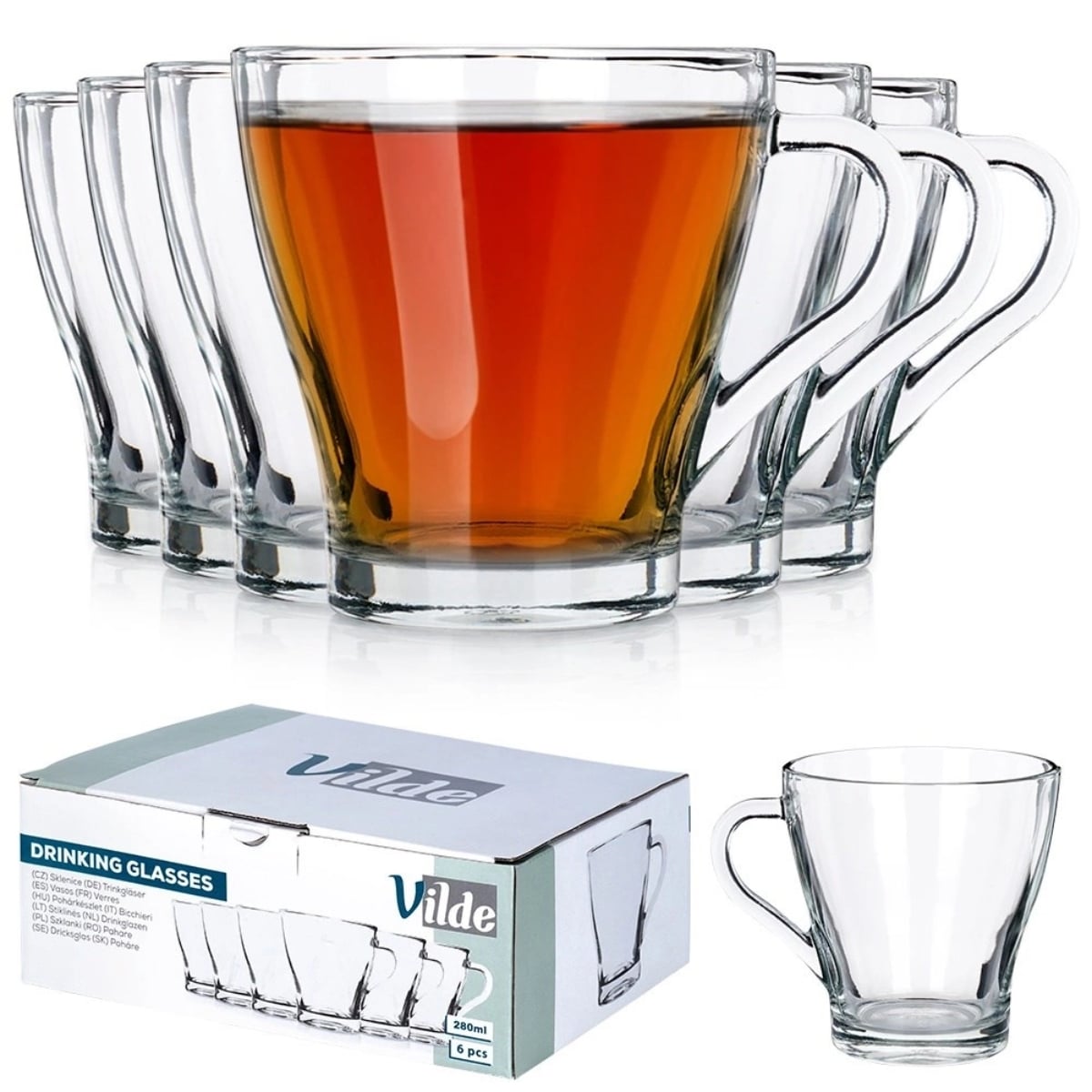 Szklanki klasyczne z uchem do kawy i herbaty 250 ml  zestaw 6 sztuk Vilde