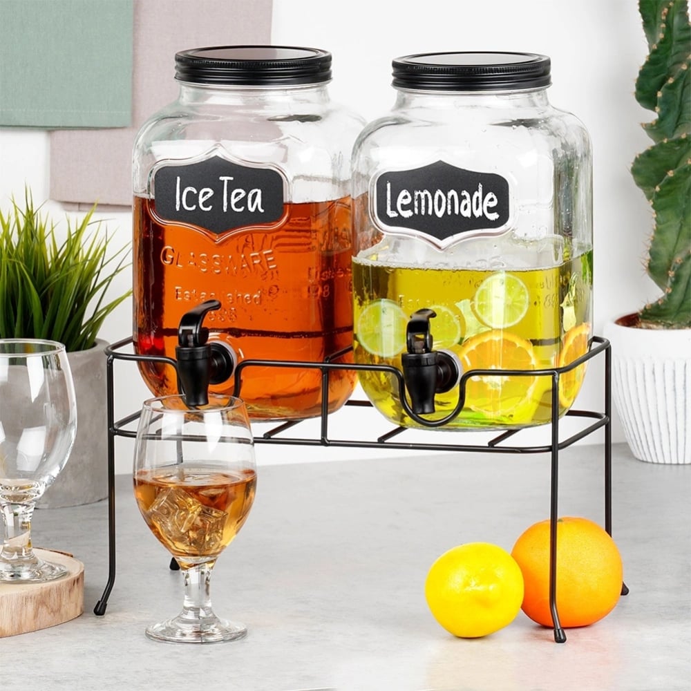 Słoje szklane z kranikiem 2x 4L z czarnym stojakiem do lemoniady napojów herbaty Vilde