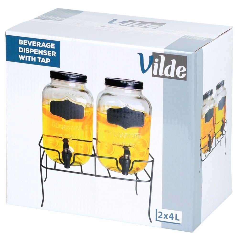 Słoje szklane z kranikiem 2x 4L z czarnym stojakiem do lemoniady napojów herbaty Vilde