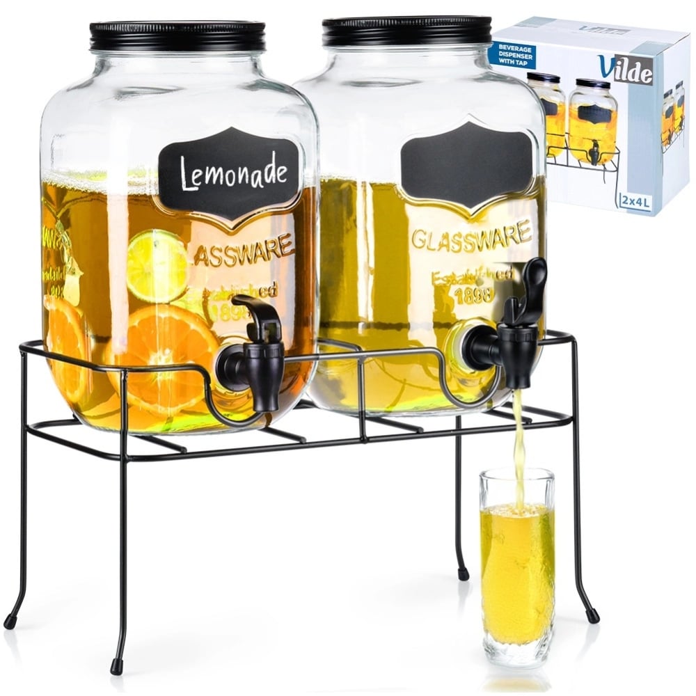 Słoje szklane z kranikiem 2x 4L z czarnym stojakiem do lemoniady napojów herbaty Vilde