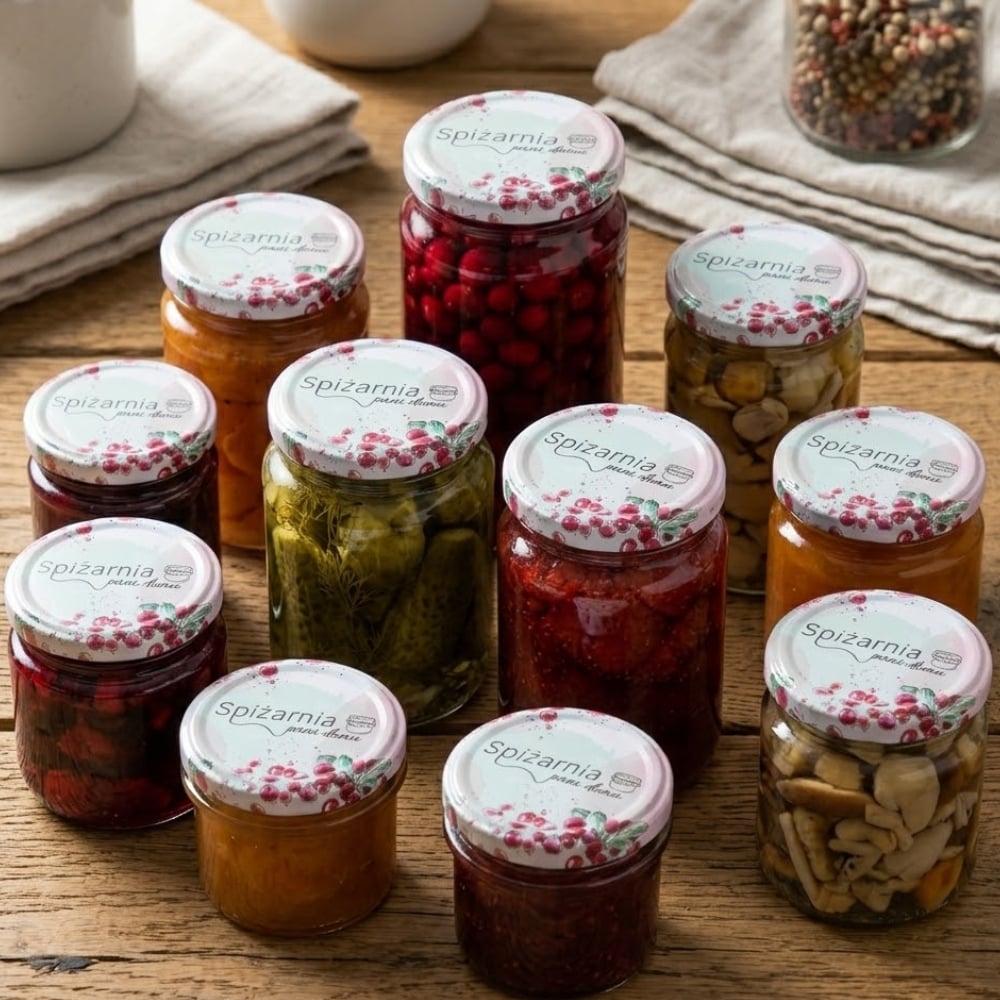 Zakrętki do słoików na przetwory Spiżarnia Pani Domu pastelowe 6,6 cm zestaw 10 szt - 4-zaczepowe FI66 Altom Design