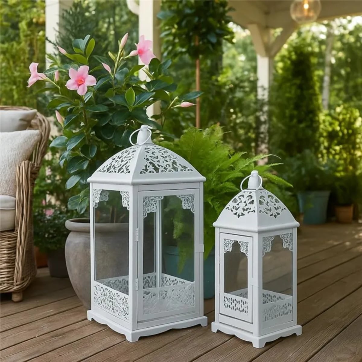 Lampiony latarnie ozdobne ażurowe 31/42 cm Altom Design latarenki metalowe białe zestaw 2 szt.