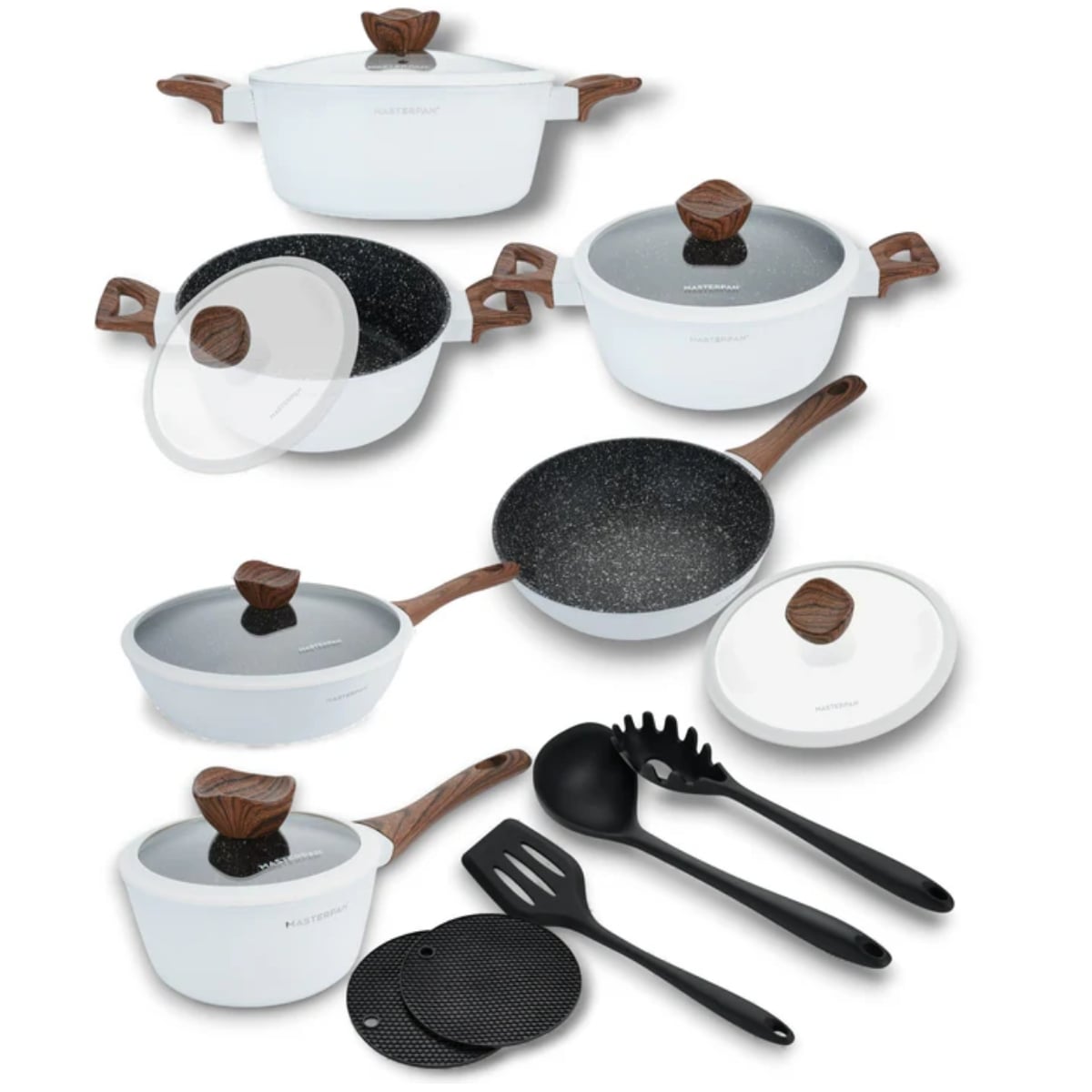 Zestaw garnków marmurkowych białych z powłoką granitową 15 el. komplet z patelniami wraz z rondlem i przyborami MasterPan