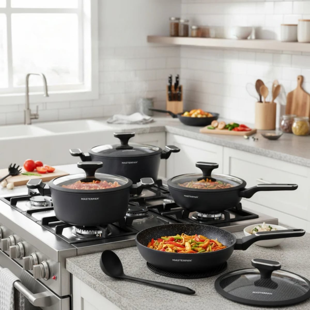 Zestaw garnków marmurkowych czarnych z powłoką granitową 15 el. komplet z patelniami wraz z rondlem i przyborami Maste