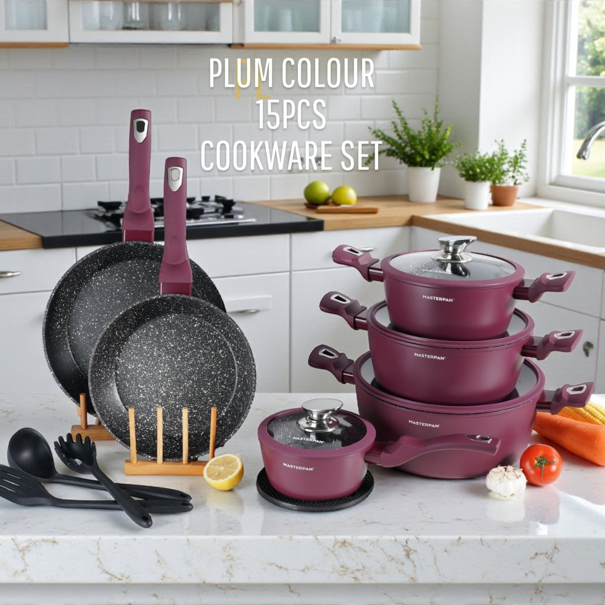 Zestaw garnków marmurkowych z powłoką granitową 15 el. komplet z patelniami wraz z rondlem i przyborami MasterPan