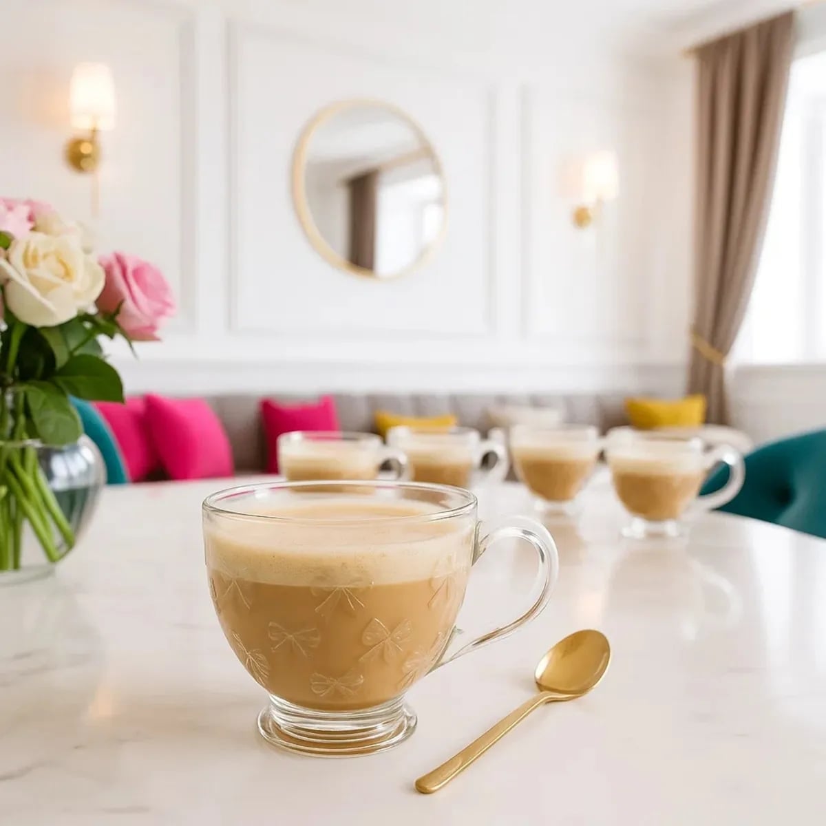 Filiżanki do kawy i herbaty 420 ml szklane na stopce serwis kawowy Altom Design Kokardki 420 zestaw 6 szt