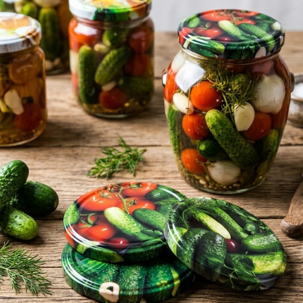 Zakrętki do słoików na przetwory 8,2 cm ogórki zestaw 100 szt - 6-zaczepowe Altom Design