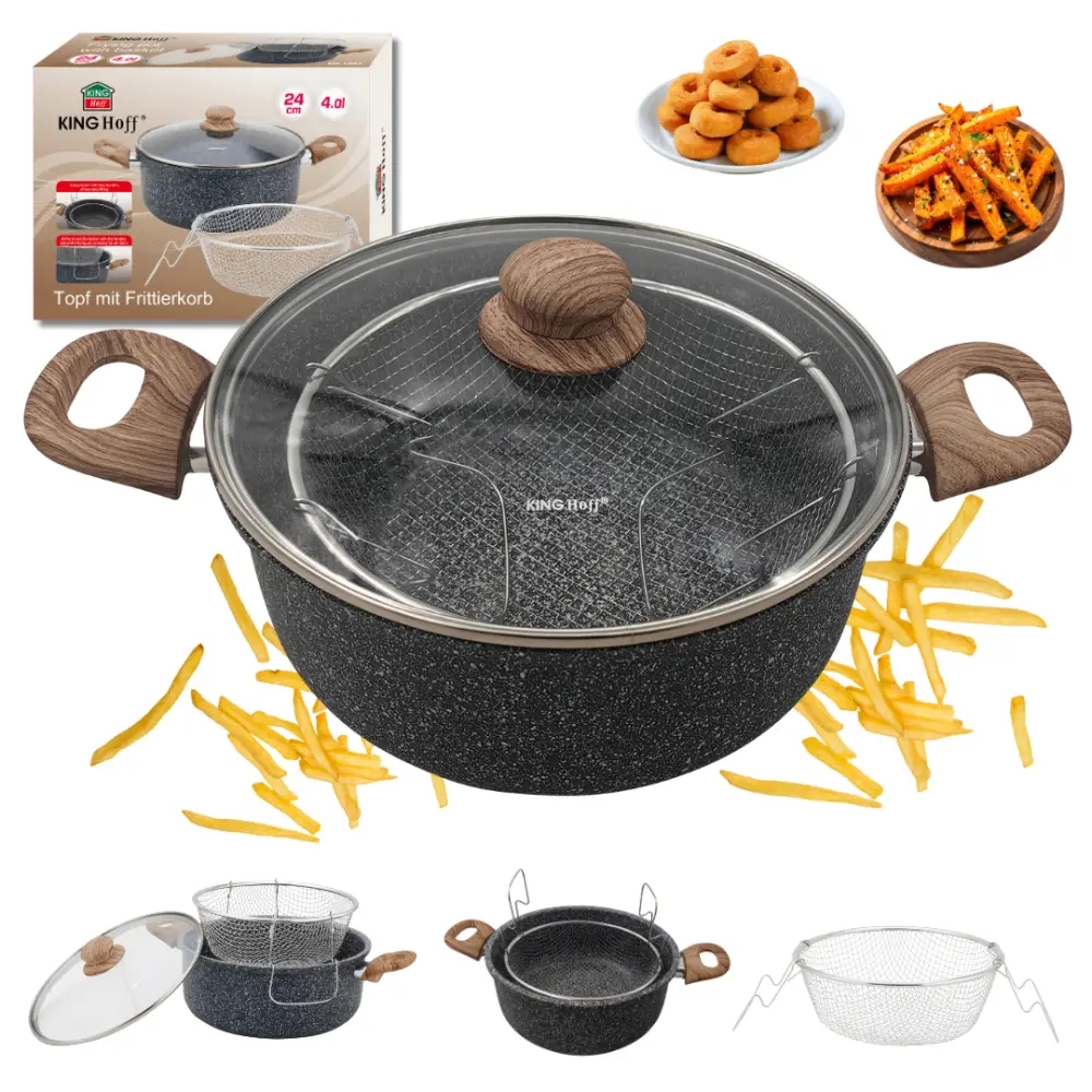 Garnek tradycyjny do smażenia frytek 24 cm z koszykiem stalowym i pokrywką  4L KingHoff