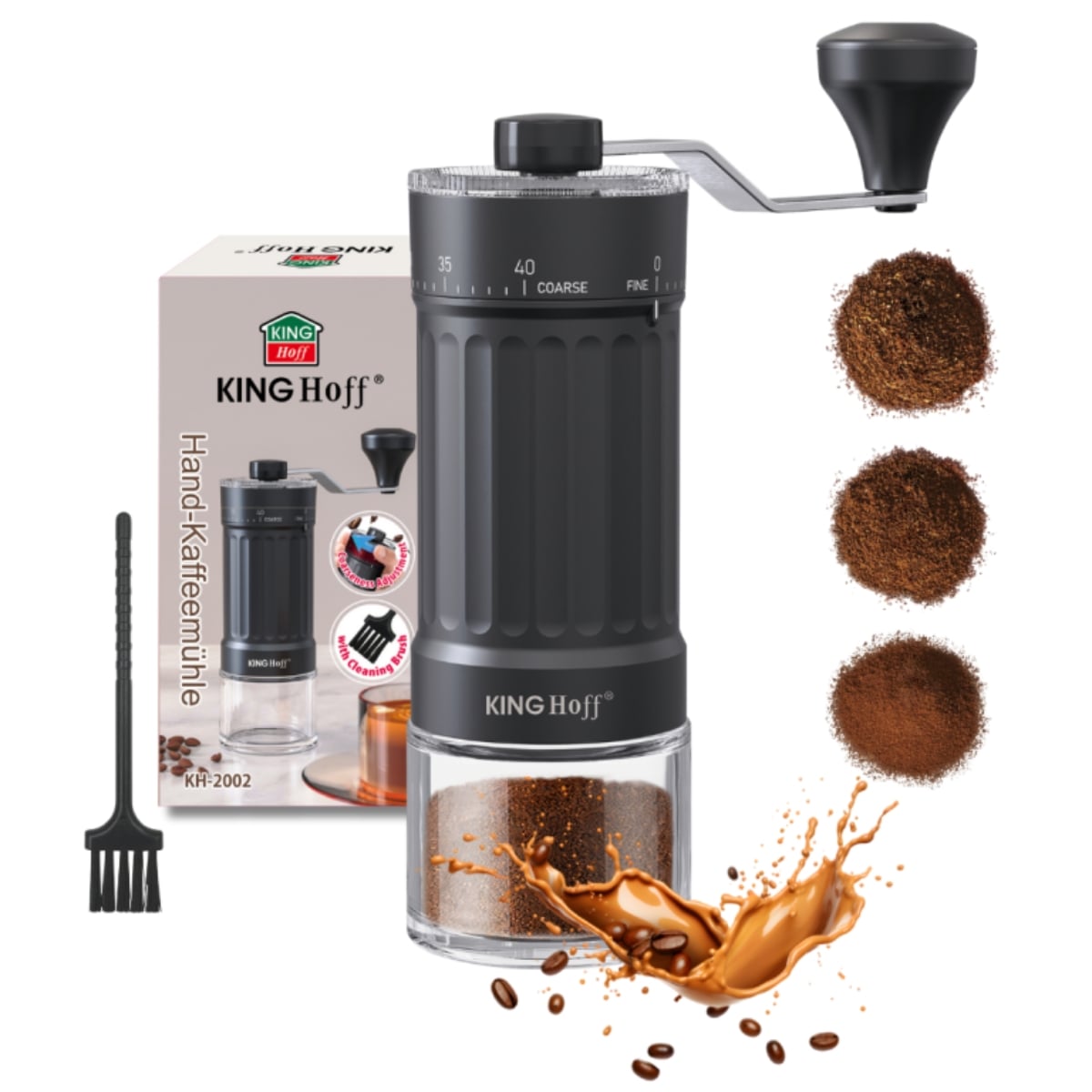 Ręczny młynek do kawy z regulacja grubości mielenia, żarna z sczoteczka w zestawie Kinghoff