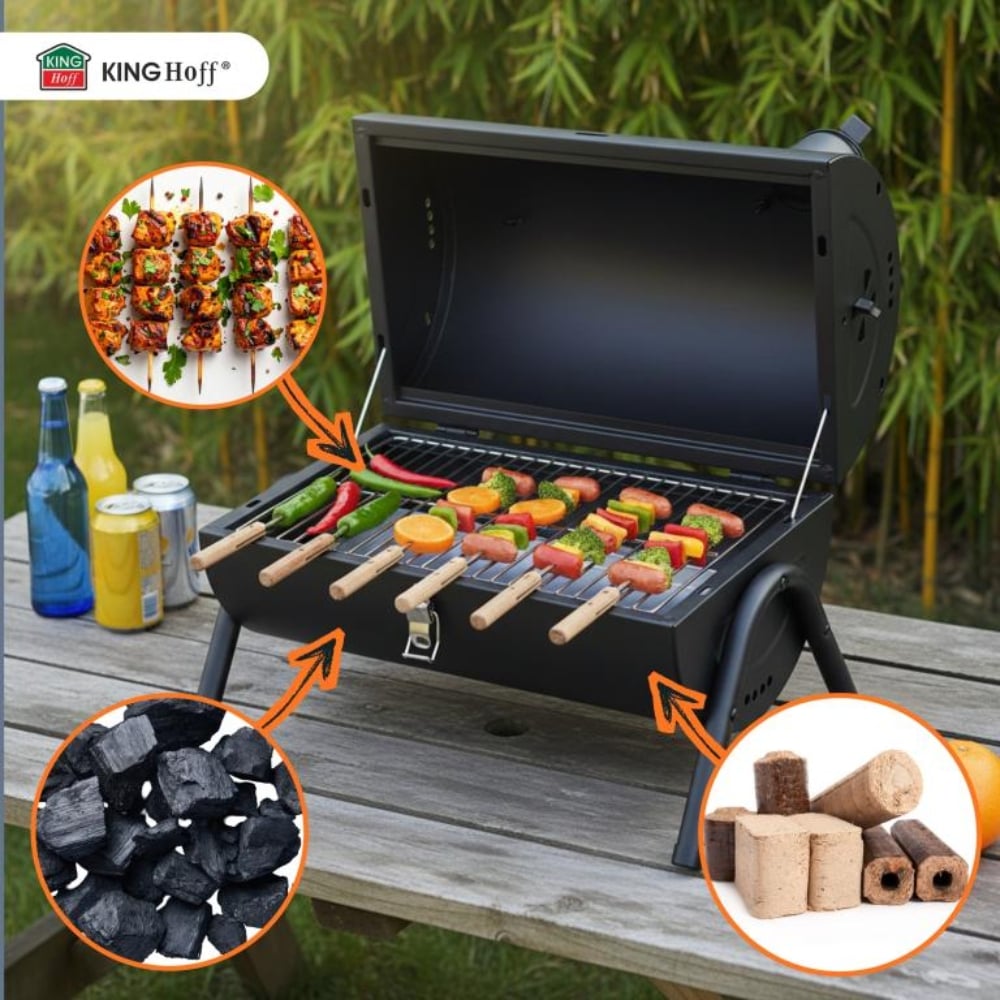 Grill węglowy ogrodowy w kształcie beczki przenośny turystyczny z rączką KINGHoff
