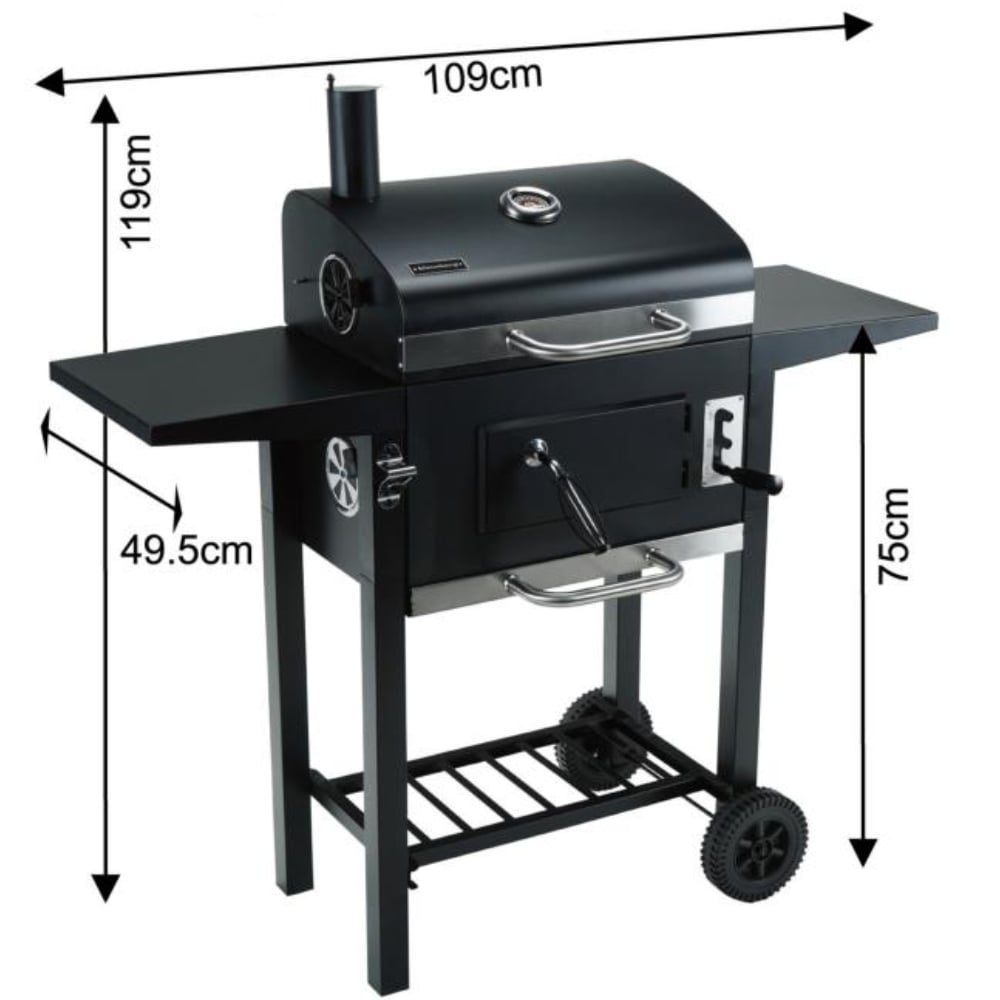 Grill węglowy ogrodowy na kółkach z półkami i kominem do rozpalania Klausberg