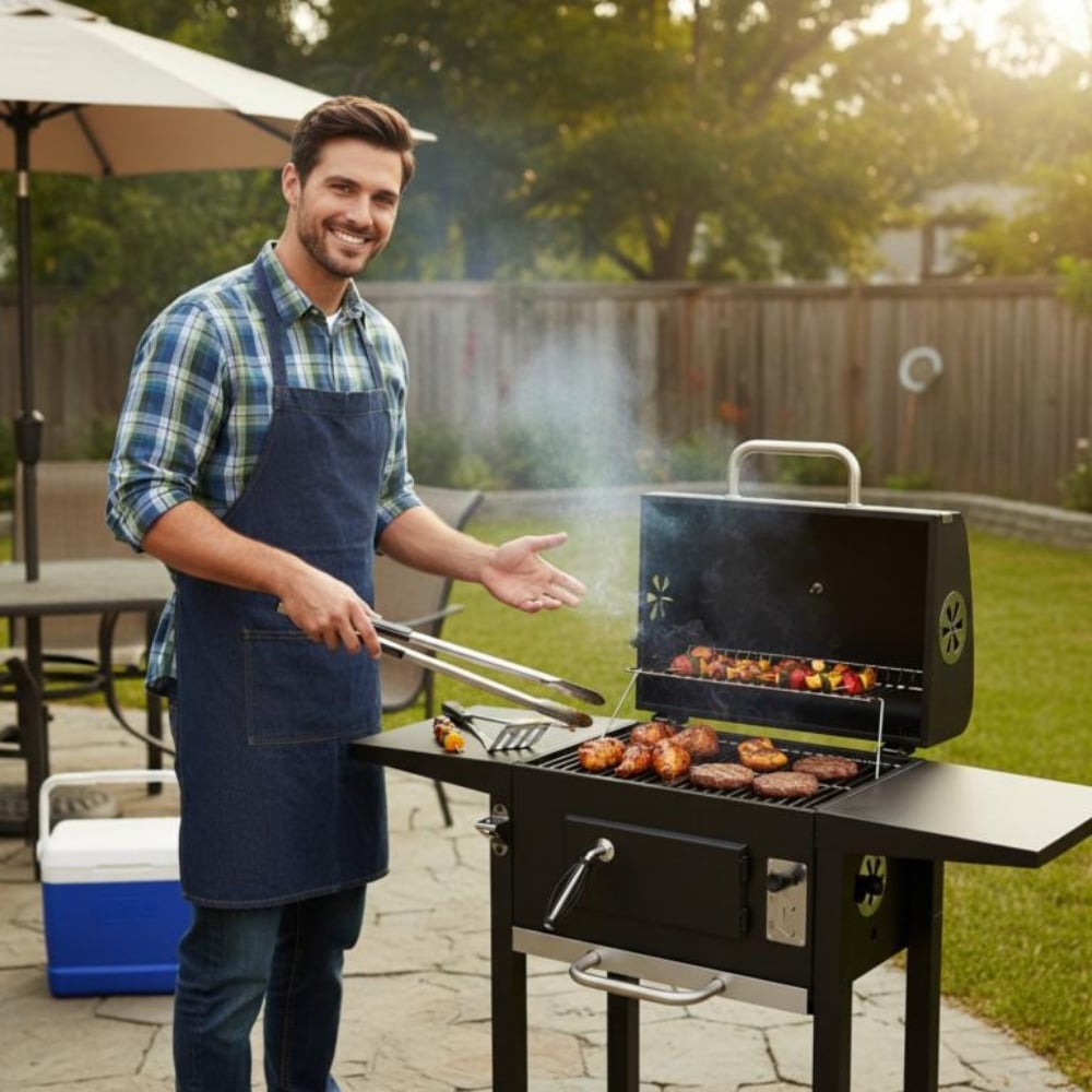 Grill węglowy ogrodowy na kółkach z półkami i kominem do rozpalania Klausberg