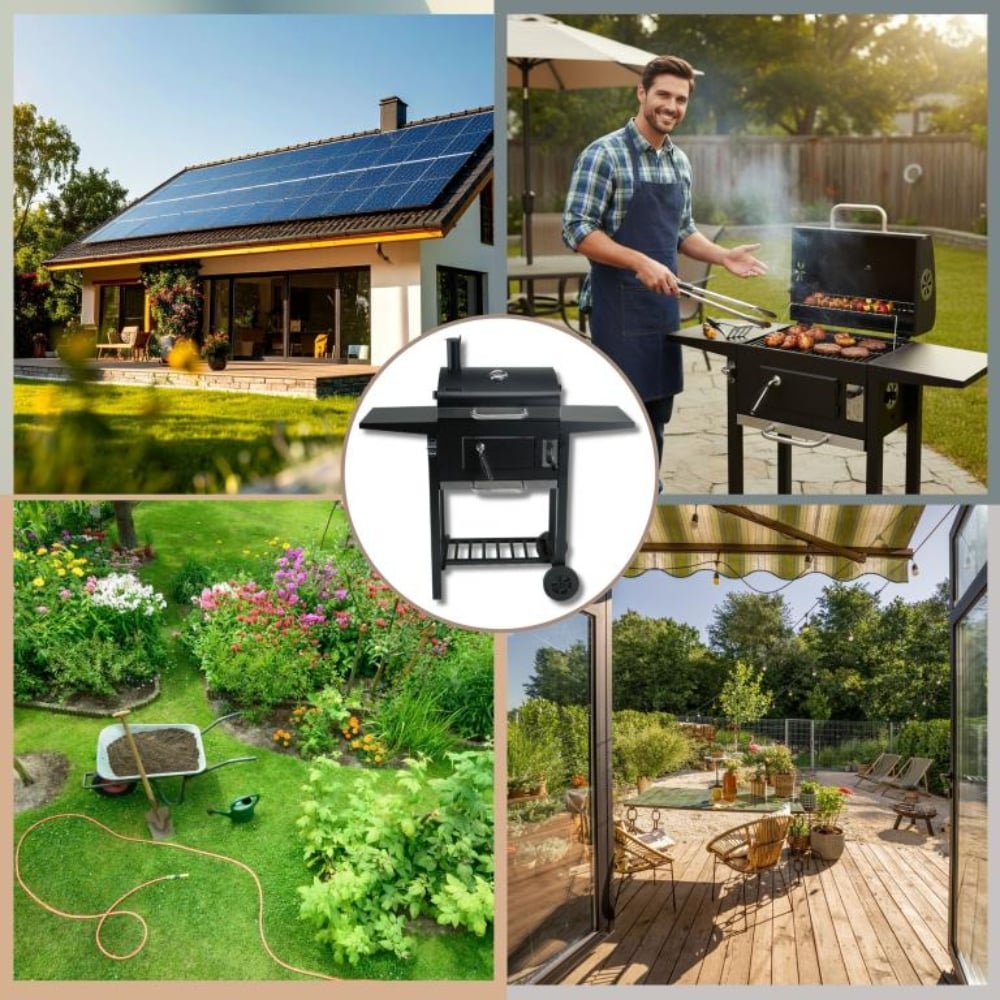 Grill węglowy ogrodowy na kółkach z półkami i kominem do rozpalania Klausberg