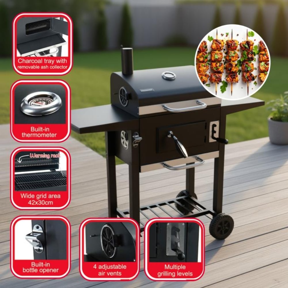 Grill węglowy ogrodowy na kółkach z półkami i kominem do rozpalania Klausberg