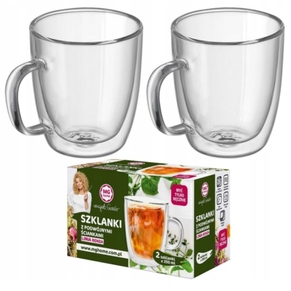 Szklanki termiczne z uchem do kawy latte 350 ml podwójne ścianki komplet 2 szt MG Home Renza