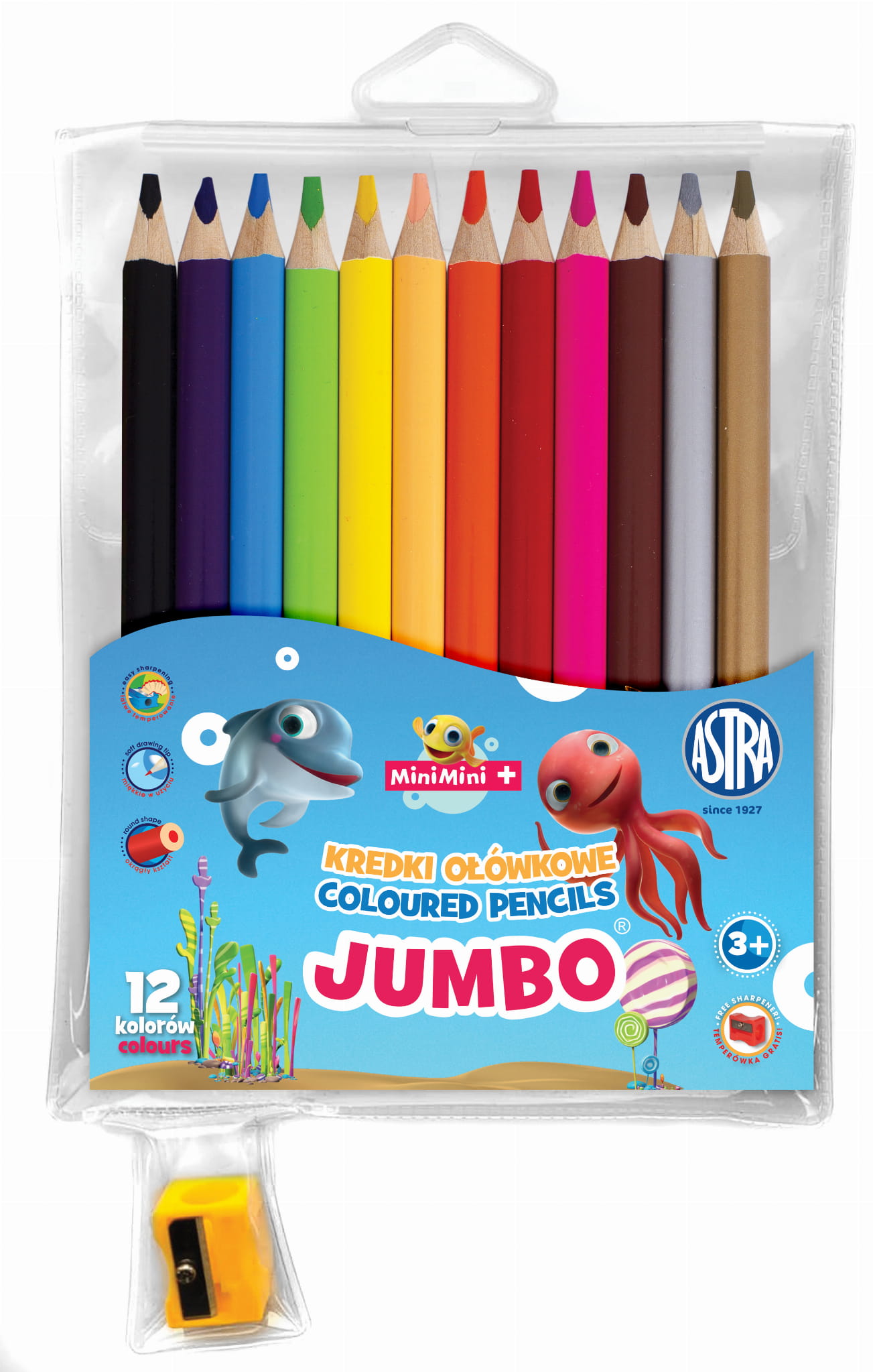 Kredki ołówkowe jumbo okrągłe 12 kolorów + temperówka - Mini Minii