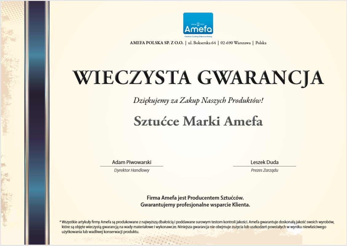 Certyfikat wieczystej gwarancji Amefa